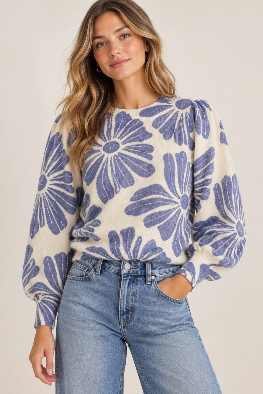 Marine Layer Alma Puff Sleeve Sweater Cream Periwinkle Floral Alpaca Wool (XL)